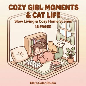 Livre de coloriage « Moments entre filles et petit chat », PDF + PNG imprimable, illustrations isométriques relaxantes pour la chambre.