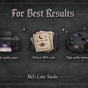 Printing guide for a dark romance coloring book showing best quality paper and printer settings for optimal results with gothic valentine coloring pages.