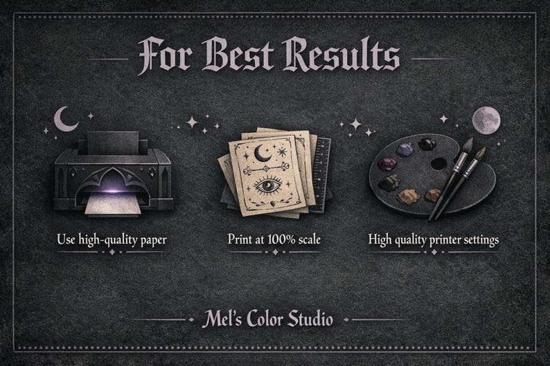 Printing guide for a dark romance coloring book showing best quality paper and printer settings for optimal results with gothic valentine coloring pages.