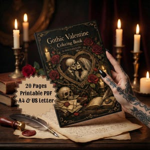 A gothic Valentine coloring book held by hand on a dark academia desk with candles, old books, and romantic gothic decor, showcasing a dark romance themed cover design.