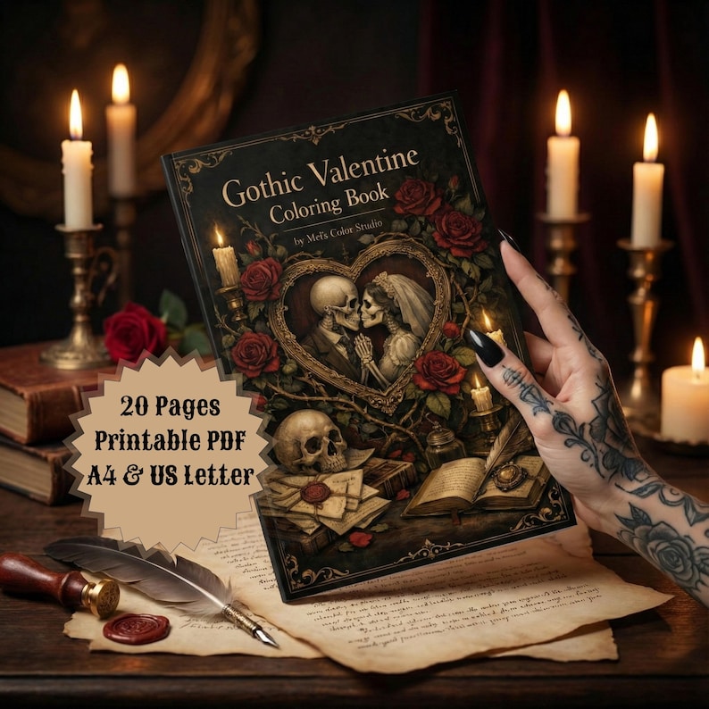 A gothic Valentine coloring book held by hand on a dark academia desk with candles, old books, and romantic gothic decor, showcasing a dark romance themed cover design.