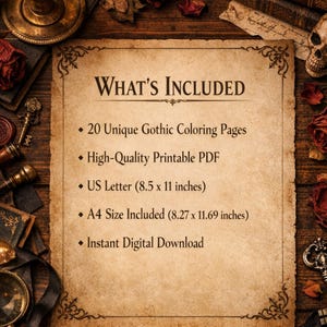 A “What’s Included” information image for a gothic Valentine coloring book, listing 20 unique coloring pages, printable PDF format, A4 and US Letter sizes, and instant digital download.