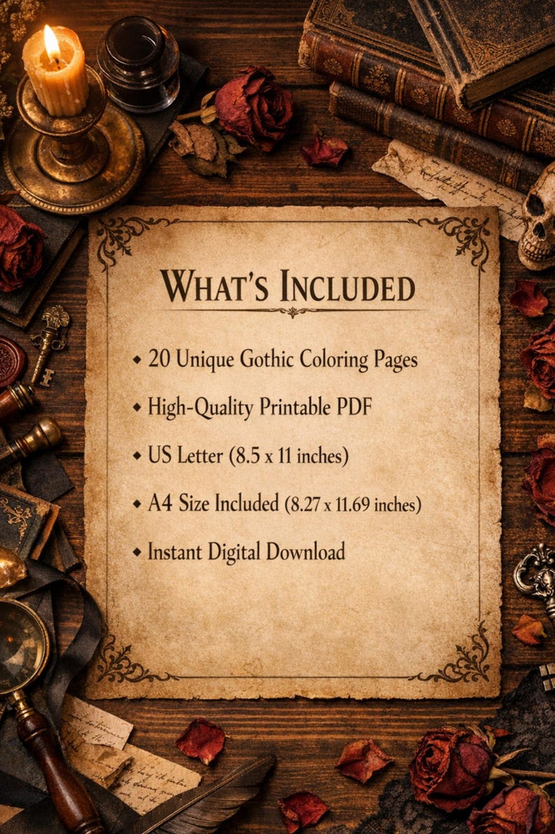 A “What’s Included” information image for a gothic Valentine coloring book, listing 20 unique coloring pages, printable PDF format, A4 and US Letter sizes, and instant digital download.