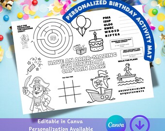 Mantel individual de actividades de cumpleaños pirata, juego de mesa personalizado para fiestas, página para colorear pirata imprimible y tapete de laberinto