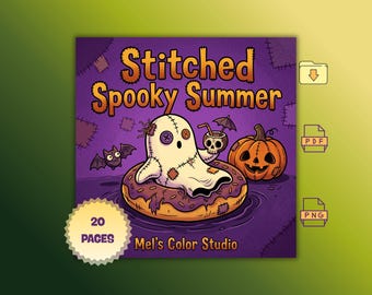 Libro para colorear de peluche cosido de Summerween: fantasmas adorables y espeluznantes y páginas acogedoras de playa gótica en formato PDF y PNG.