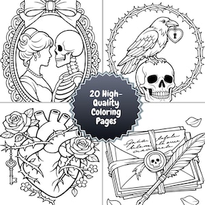 Preview collage of a gothic Valentine adult coloring book showing romantic skeleton couples, ravens, anatomical hearts, and dark academia themed line art pages