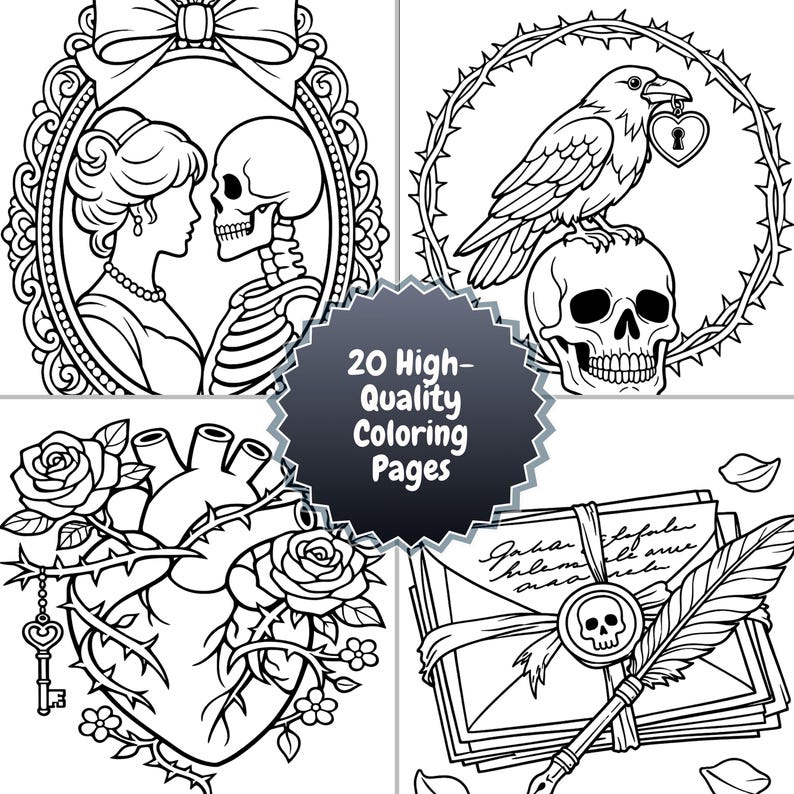 Preview collage of a gothic Valentine adult coloring book showing romantic skeleton couples, ravens, anatomical hearts, and dark academia themed line art pages