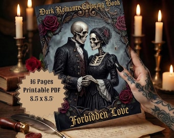 Dark Romance Malbuch für Erwachsene | Skelett Paar Liebesgeschichte | Gothic Valentinstag Kunst | 20 Seiten PDF zum selbst ausdrucken