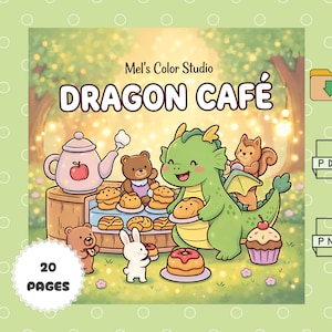 以下が含まれることがあります： 「Dragon Cafe」というタイトルの塗り絵本のデジタルイラスト。緑色のドラゴン、リス、クマ、ウサギがカフェにいる様子が描かれています。カフェには焼き菓子、ティーポットがあり、「20 PAGES」というテキストがあります。