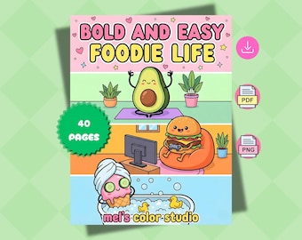 Libro para colorear Kawaii, páginas para colorear de comida y snacks, arte divertido y sencillo en PDF y PNG.