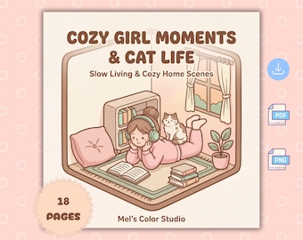 Libro para colorear "Momentos acogedores de chicas y vida felina", PDF + PNG imprimible, atrevido y fácil, arte isométrico relajante para aliviar el estrés.
