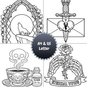 A collection of gothic romance coloring pages displayed as a collage, featuring skull tea cups, skeleton hands with roses, wolves, and symbolic dark love illustrations.