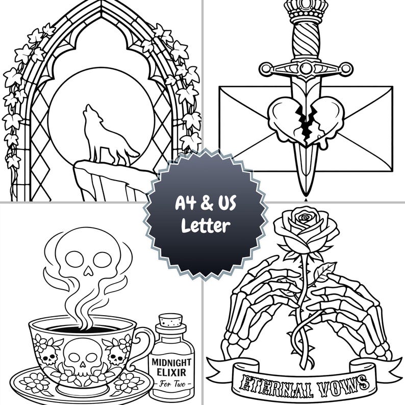 A collection of gothic romance coloring pages displayed as a collage, featuring skull tea cups, skeleton hands with roses, wolves, and symbolic dark love illustrations.