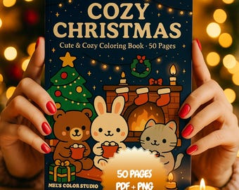 Cozy Christmas Coloring Book for Adults | Cute Kawaii Winter Animals | Bold Easy Coloring Pages PDF PNG | Stress Relief Printable