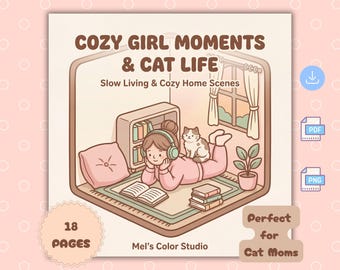 Libro para colorear para mamás de gatos: escenas acogedoras de la vida de los gatos, alivio del estrés (PDF PNG)