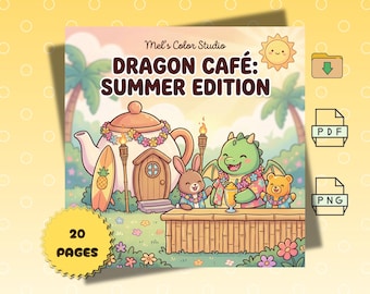 Libro para colorear "Café veraniego acogedor", escenas tropicales y animales fantásticos (descarga digital)