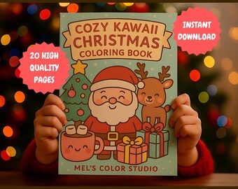 Libro para colorear navideño kawaii para niños: adorables muñecos de nieve, galletas de jengibre y garabatos navideños en PDF. Diversión invernal para aprender.