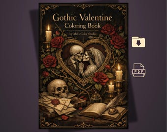 Livro de colorir de romance sombrio para adultos | Arte gótica de Dia dos Namorados, estética dark academia, amor proibido | PDF imprimível em A4 e Carta (EUA)