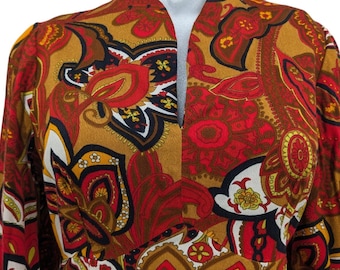 Vintage 1970s Handmade Psychedelic HAWAIIAN MAXI DRESS Empire Waist Long Sleeves