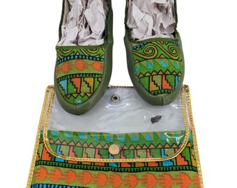 Vintage 1960's 1970's Foldable Vinyl + Canvas TRAVEL SLIPPERS & POUCH Geometric