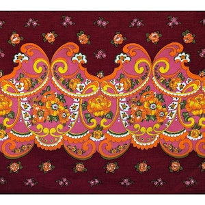 May include: A repeating pattern of a floral design. The design features orange and yellow flowers with pink and white accents on a burgundy background. The pattern has a scalloped edge.