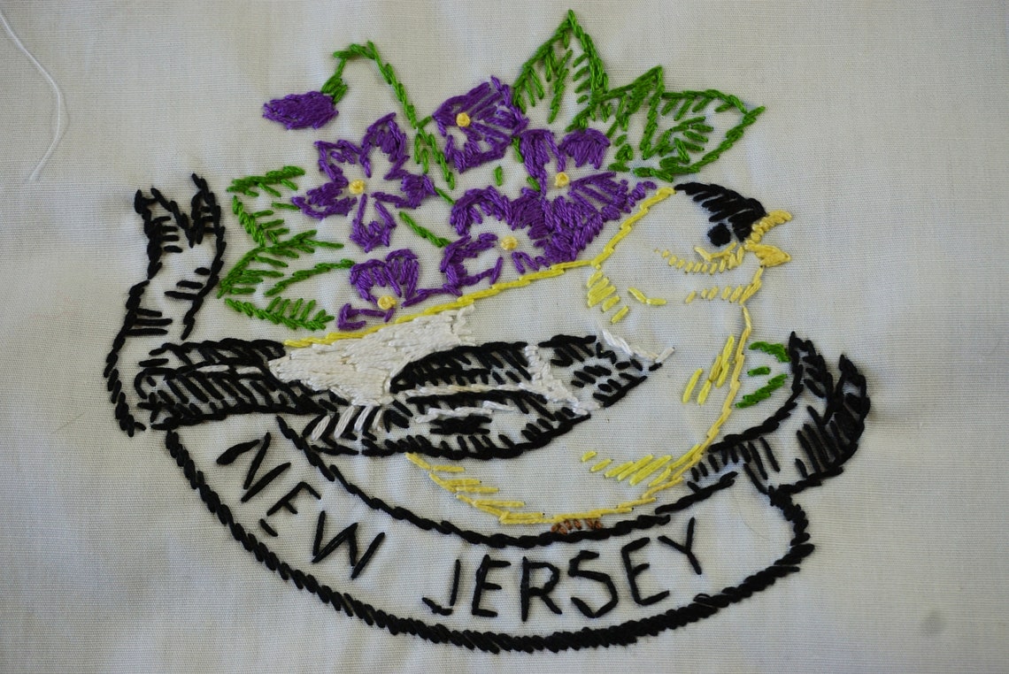 NEW JERSEY Goldfinch & Violet Vintage Hand Embroidered ...