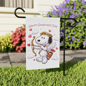 Baner ogrodowy z motywem Kupidyna Walentynkowego i Snoopy'ego | Flaga powitalna
