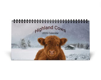 Highland Cows 2026 Desktop Calendar | Desk Planner, Monthly Grid