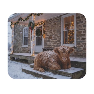 Highland Cow on Snowy Porch Mouse Pad | Christmas Lights, Cozy Winter Scene