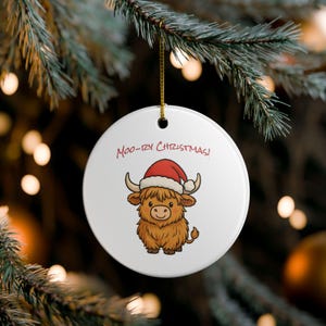 Moo-ry Christmas Highland Cow Ornament | Ceramic Round Holiday Decoration