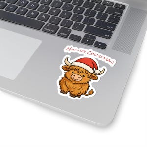 Highland Cow in Santa Hat Kiss-Cut Stickers | Moo-ry Christmas Sticker