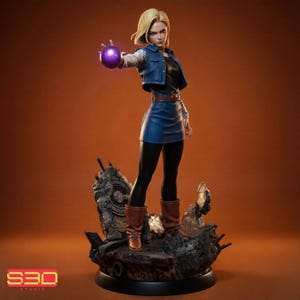 May include: A collectible figurine of a blonde character wearing a blue denim vest, black top, blue skirt, and brown boots. The character stands on a dark, rocky base and holds a glowing purple sphere in one hand. The S3D Studio logo is visible.