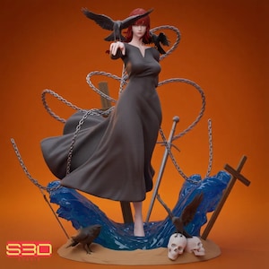 May include: A figurine of a red-haired character in a long black dress, surrounded by black crows, silver chains, and wooden crosses. The character stands in blue translucent water on a sandy base with two white skulls and the text S3D STUDIO.