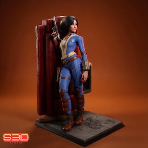 May include: A collectible figurine of a character with dark hair wearing a blue and yellow jumpsuit, brown boots, and a brown belt. The figure holds a silver pistol in one hand and stands against a tall, dark red rectangular structure on a gray base.