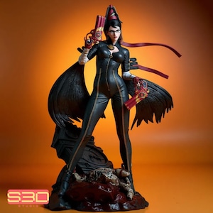 May include: A detailed figurine of a woman in a black catsuit, holding two red and gold pistols. The figure has long black hair, glasses, and a decorative headpiece. The base features a dark, textured design. The S30 Studio logo is visible.