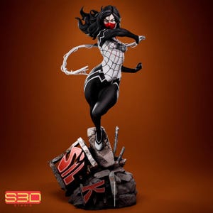 May include: A dynamic figurine of a character with long black hair and a red face mask, wearing a white and black spider-web patterned suit. The figure is posed mid-action, holding a white web strand, standing on a base with the red text SILK.