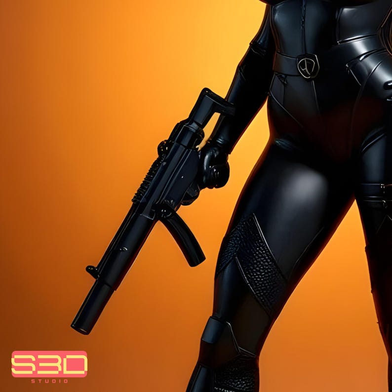 May include: A black action figure holding a black rifle, set against an orange background. The figure is wearing a black suit with intricate detailing. The S3D Studio logo is visible in the lower left corner.