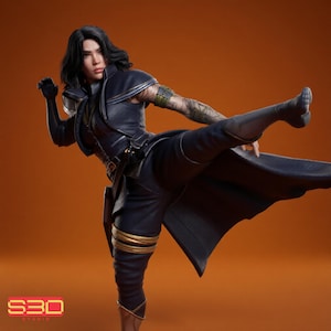 May include: A figure in a dynamic pose, clad in a dark blue outfit with gold accents. The outfit includes a long coat, pants, and boots. The figure has dark hair and a detailed tattoo on the arm. The background is a solid orange.
