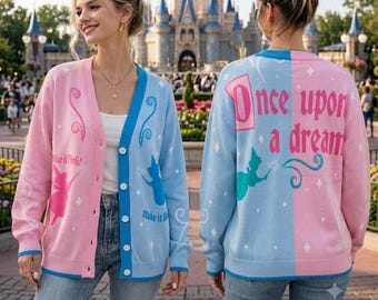Cardigan rose et bleu de la Belle au bois dormant, joli pull princesse Aurora, make it pink make it bleu, tenue Disneyland, Il était un rêve