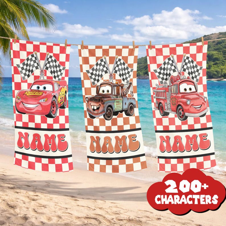 Toallas de playa personalizadas con nombre y diseño de Cars, toallas de playa con personajes de Lightning McQueen y Tow Mater, regalo de cumpleaños de Cars, toallas de Tow Mater. imagen 1