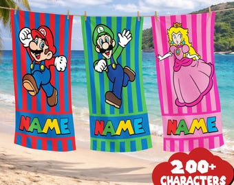 Personalized Super Mario Beach Towel, Custom Super Mario Bros Towel, Gamer Lover Gift, Video Game Beach Towel, Birthday Boy Girl Summer Gift