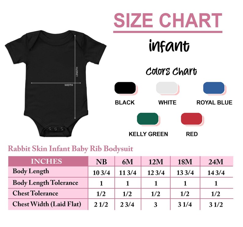 The image is a size chart for an infant's body suit, including measurements and color options.