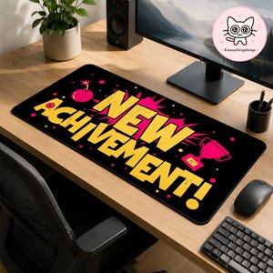 New Achievement Desk Mat, Pop Art Gaming Mouse Pad, Retro Gamer Trophy Large Desk Blotter, Neon Comic Neon Office Desk Accessories Gift