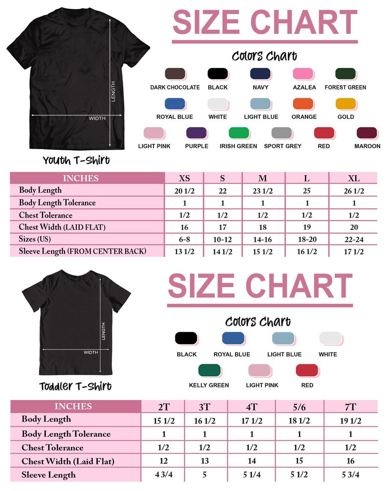 a size chart for a youth t-shirt, including measurements for different sizes and colors. The chart provides specific dimensions and color options for the t-shirt, such as body length, chest tolerance, chest width, and sleeve length.