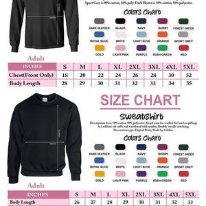a size chart for a black long sleeve t-shirt, including color charts and measurements for different sizes.