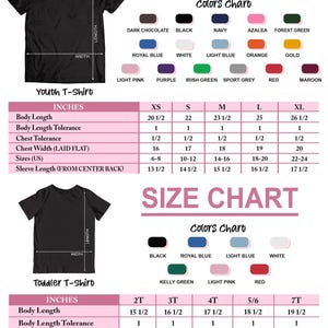 a size chart for a youth t-shirt, including measurements for different sizes and colors. The chart provides specific dimensions and color options for the t-shirt, such as body length, chest tolerance, chest width, and sleeve length.