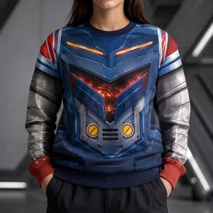 Puede incluir: Una sudadera de cuello redondo y manga larga con un estampado gráfico de armadura robótica azul y plateada. El diseño incluye detalles en naranja brillante, círculos amarillos y puños rojos, creando una estética mecánica futurista.