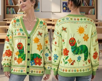 Cardigan chenille très affamé, livre lunatique pour enfants, livre pour enfants, cadeau pour enseignant, tenue de livre de contes, vêtements pour bibliothécaire, cadeaux de rentrée