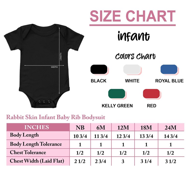 The image is a size chart for an infant's body suit, including measurements and color options.