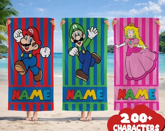 Personalized Super Mario Beach Towel, Custom Super Mario Bros Towel, Gamer Lover Gift, Video Game Beach Towel, Birthday Boy Girl Summer Gift